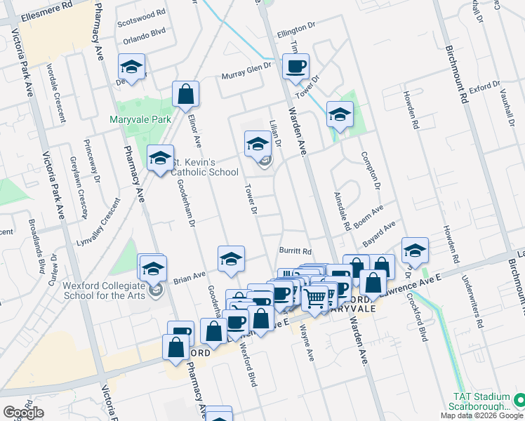 map of restaurants, bars, coffee shops, grocery stores, and more near 6 Rosemarie Drive in Toronto