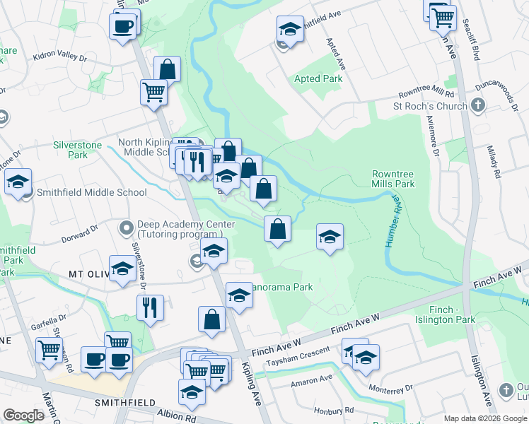 map of restaurants, bars, coffee shops, grocery stores, and more near 5 Rowntree Road in Toronto