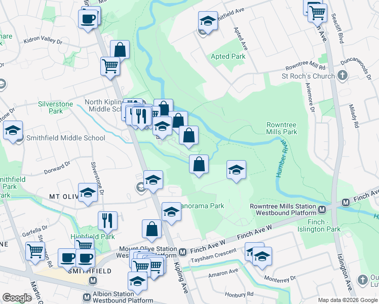 map of restaurants, bars, coffee shops, grocery stores, and more near 5 Rowntree Road in Toronto