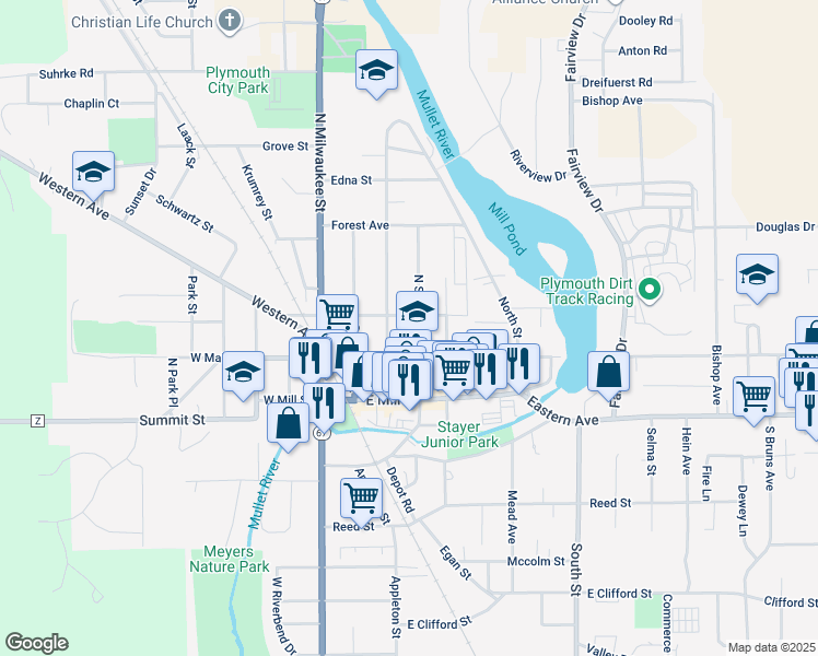 map of restaurants, bars, coffee shops, grocery stores, and more near 222 North Stafford Street in Plymouth