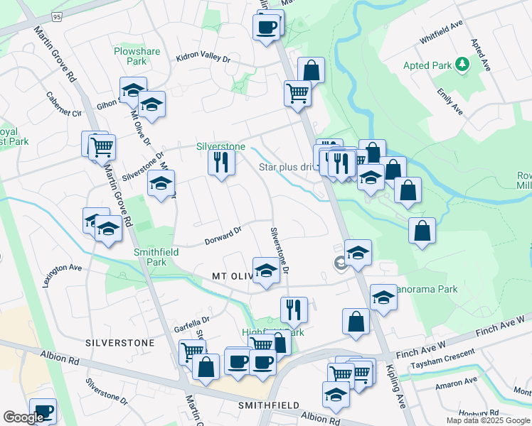 map of restaurants, bars, coffee shops, grocery stores, and more near 106 Silverstone Drive in Toronto