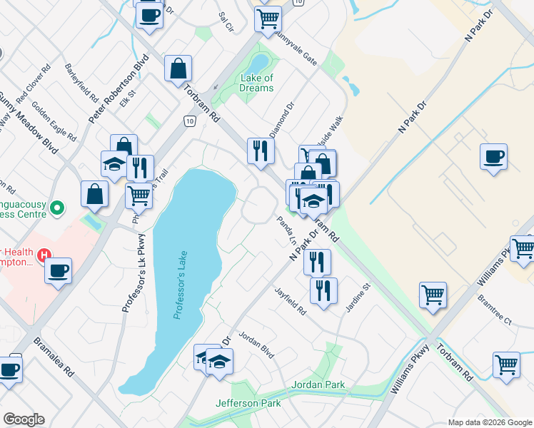 map of restaurants, bars, coffee shops, grocery stores, and more near 25 Porteous Circle in Brampton