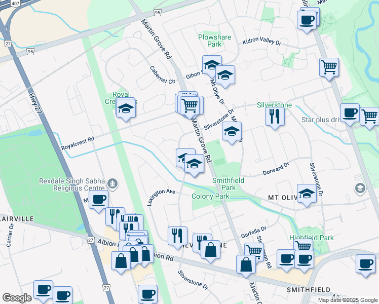 map of restaurants, bars, coffee shops, grocery stores, and more near 282 Silverstone Drive in Toronto