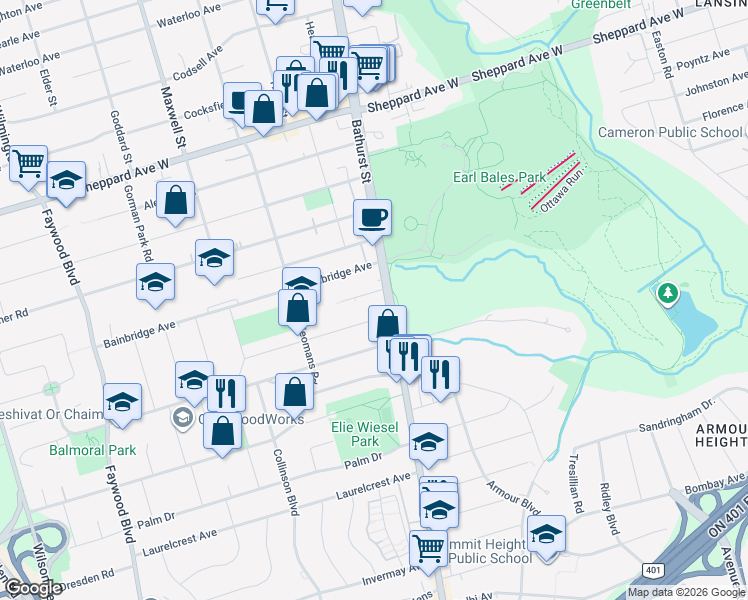 map of restaurants, bars, coffee shops, grocery stores, and more near in Toronto