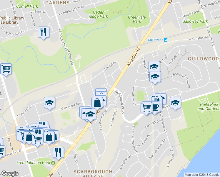 map of restaurants, bars, coffee shops, grocery stores, and more near 39 15 Guildwood Parkway in Toronto