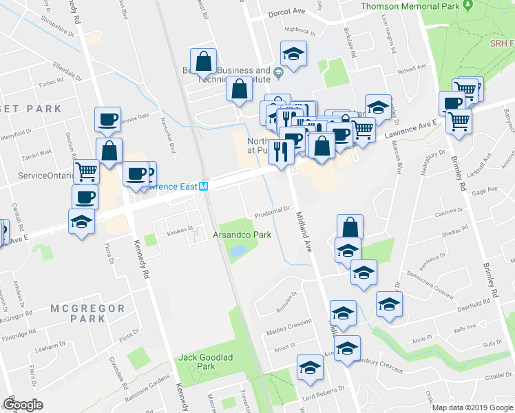 map of restaurants, bars, coffee shops, grocery stores, and more near 101 Prudential Drive in Toronto