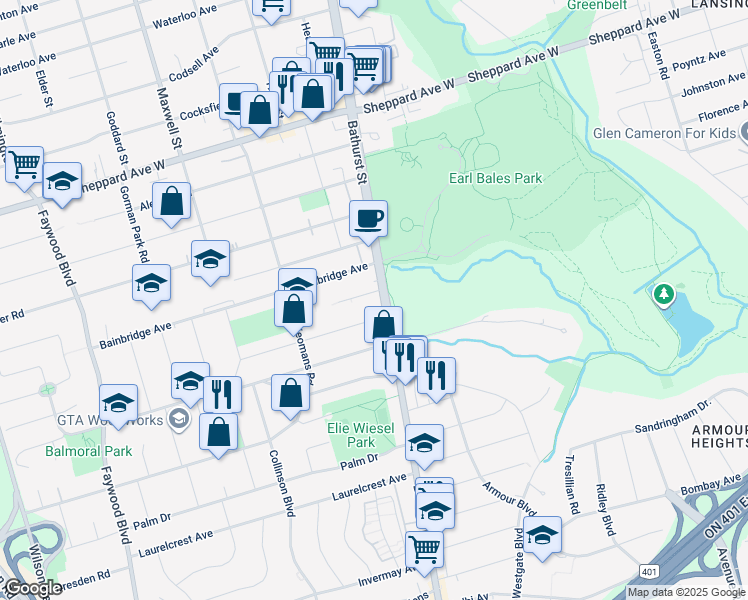 map of restaurants, bars, coffee shops, grocery stores, and more near 4222 Bathurst Street in Toronto