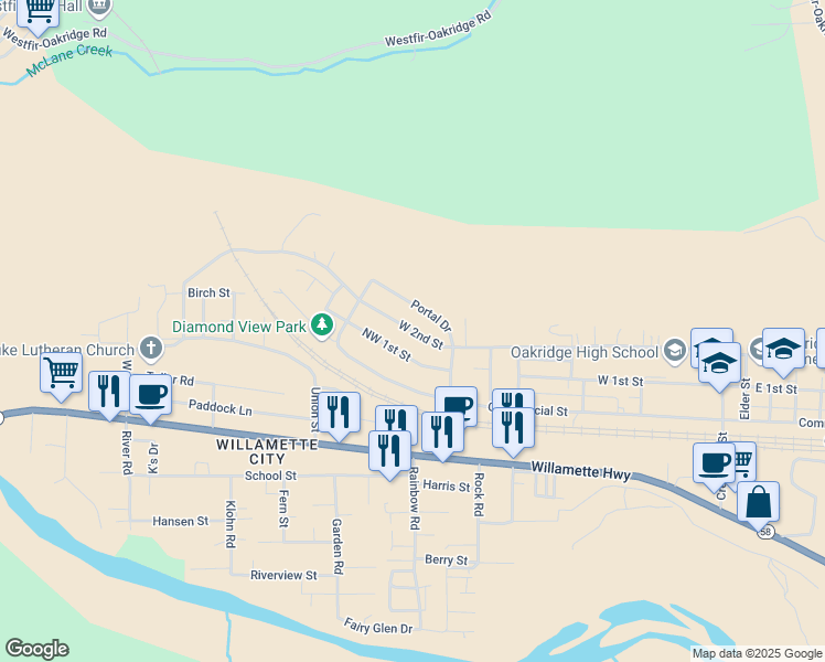 map of restaurants, bars, coffee shops, grocery stores, and more near West 2nd Street in Oakridge