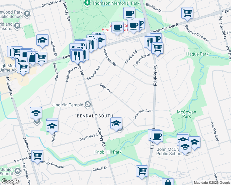 map of restaurants, bars, coffee shops, grocery stores, and more near 45 Kilgreggan Crescent in Toronto
