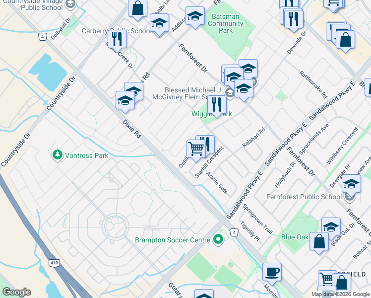 map of restaurants, bars, coffee shops, grocery stores, and more near 44 Saintsbury Crescent in Brampton
