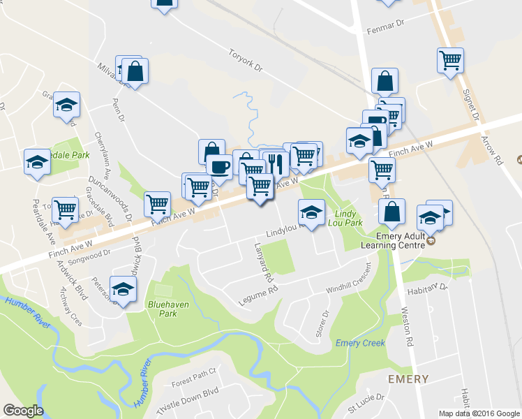 map of restaurants, bars, coffee shops, grocery stores, and more near 2437 Finch Avenue West in Toronto