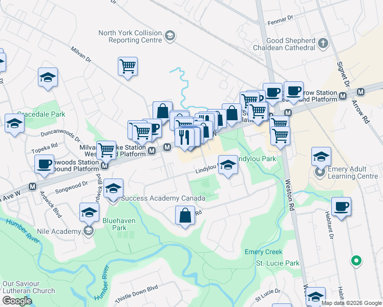 map of restaurants, bars, coffee shops, grocery stores, and more near 2437 Finch Avenue West in Toronto