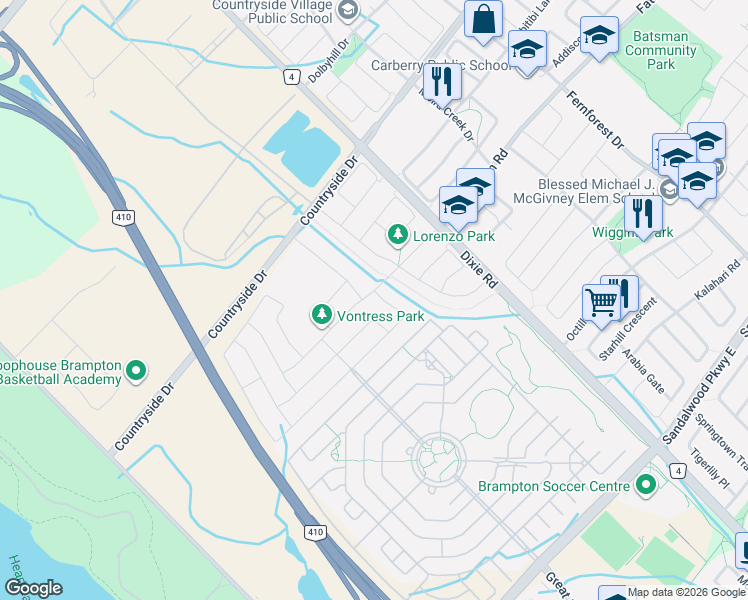 map of restaurants, bars, coffee shops, grocery stores, and more near in Brampton