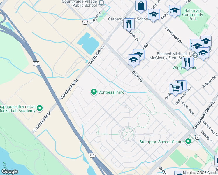 map of restaurants, bars, coffee shops, grocery stores, and more near 39 Templehill Road in Brampton