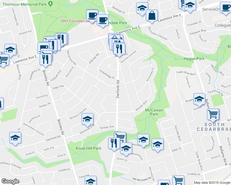 map of restaurants, bars, coffee shops, grocery stores, and more near 1494 Danforth Road in Toronto
