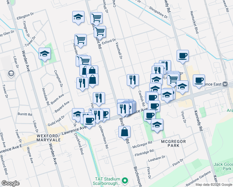 map of restaurants, bars, coffee shops, grocery stores, and more near 1375 Birchmount Road in Toronto