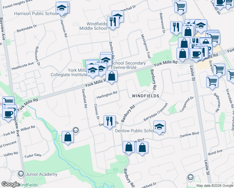 map of restaurants, bars, coffee shops, grocery stores, and more near 25 Harlington Road in Toronto