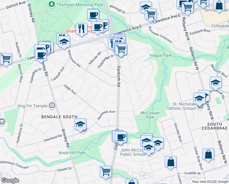 map of restaurants, bars, coffee shops, grocery stores, and more near 1494 Danforth Road in Toronto