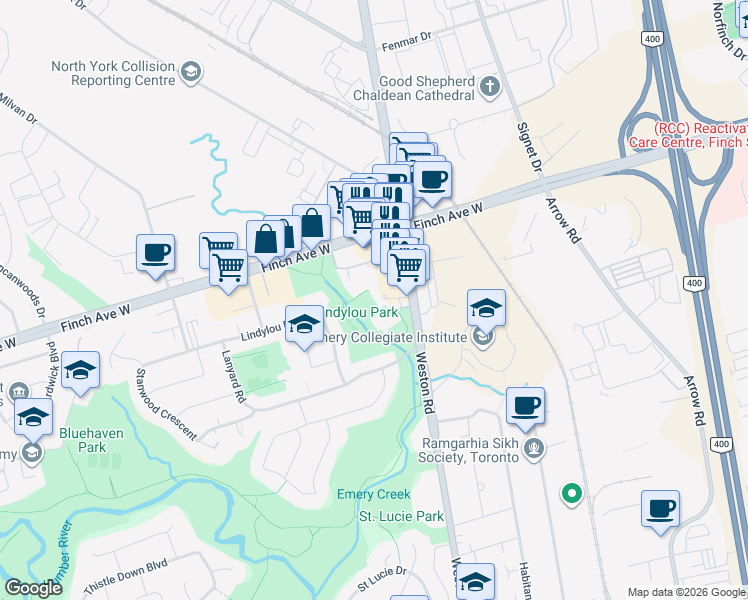 map of restaurants, bars, coffee shops, grocery stores, and more near 3400 Weston Road in Toronto