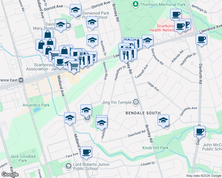 map of restaurants, bars, coffee shops, grocery stores, and more near 104 Haileybury Drive in Toronto