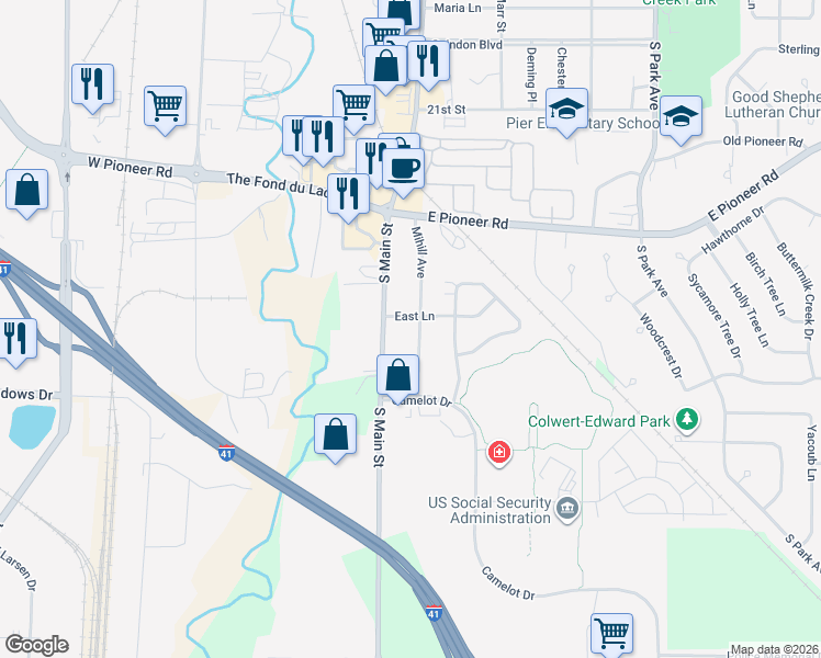 map of restaurants, bars, coffee shops, grocery stores, and more near N5769 South Main Street in Fond du Lac