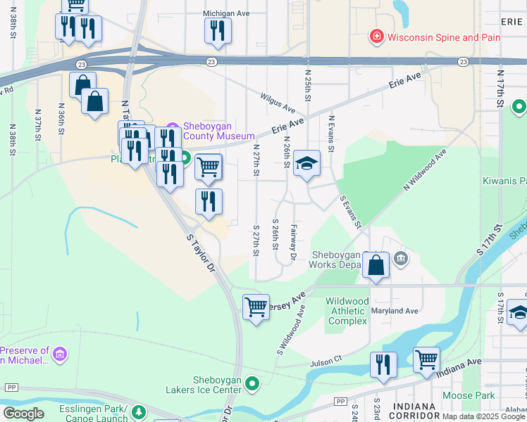 map of restaurants, bars, coffee shops, grocery stores, and more near 513 North 27th Street in Sheboygan