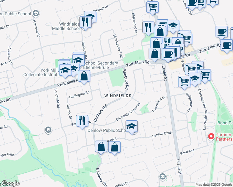 map of restaurants, bars, coffee shops, grocery stores, and more near 15 Ames Circle in Toronto