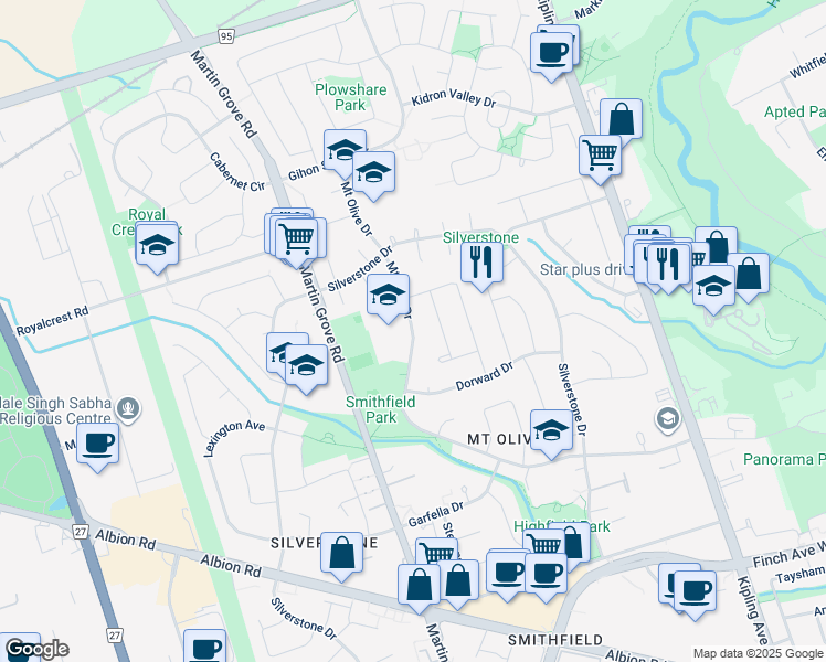 map of restaurants, bars, coffee shops, grocery stores, and more near Mount Olive Drive in Toronto