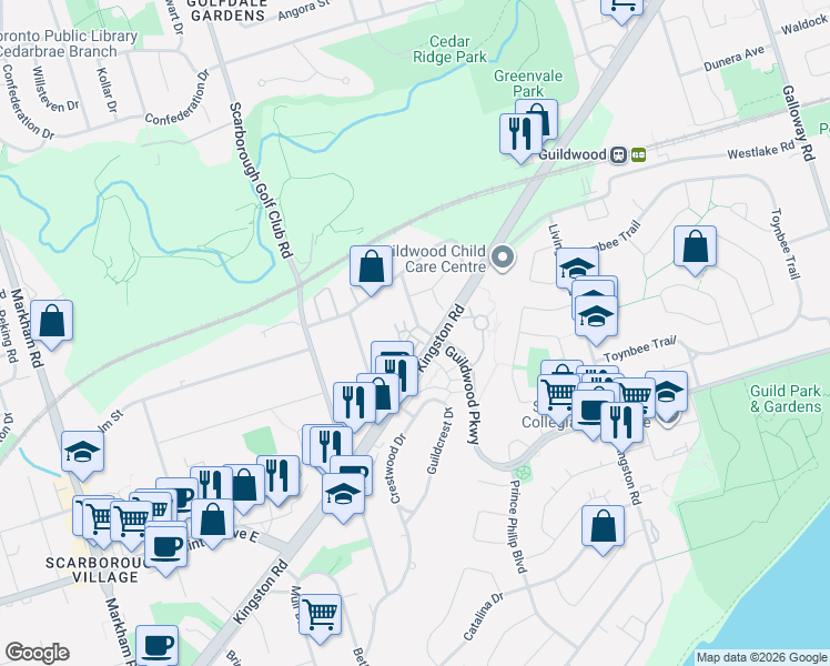 map of restaurants, bars, coffee shops, grocery stores, and more near 33 Guildpark Pathway in Toronto