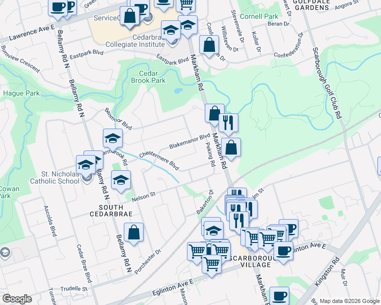 map of restaurants, bars, coffee shops, grocery stores, and more near 20 Alanbury Crescent in Toronto