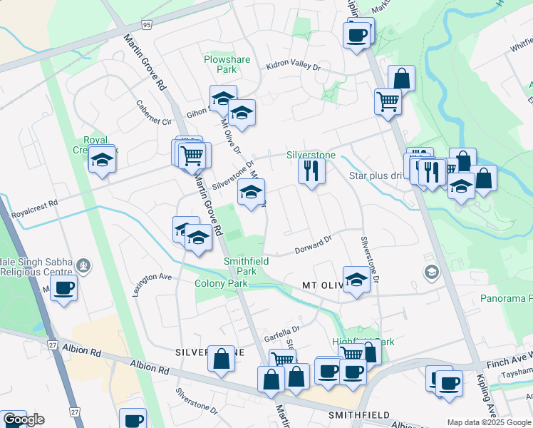map of restaurants, bars, coffee shops, grocery stores, and more near Mount Olive Drive in Toronto