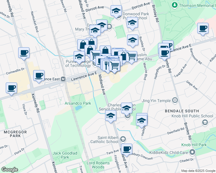 map of restaurants, bars, coffee shops, grocery stores, and more near 1375 Midland Avenue in Toronto