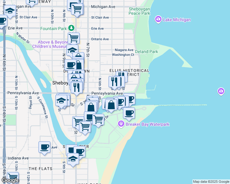 map of restaurants, bars, coffee shops, grocery stores, and more near 434 Pennsylvania Avenue in Sheboygan