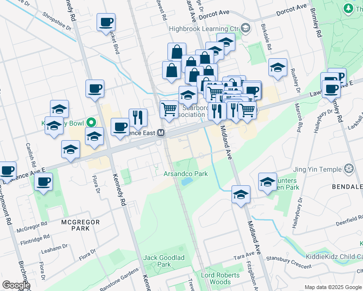 map of restaurants, bars, coffee shops, grocery stores, and more near 2450 Lawrence Avenue East in Toronto