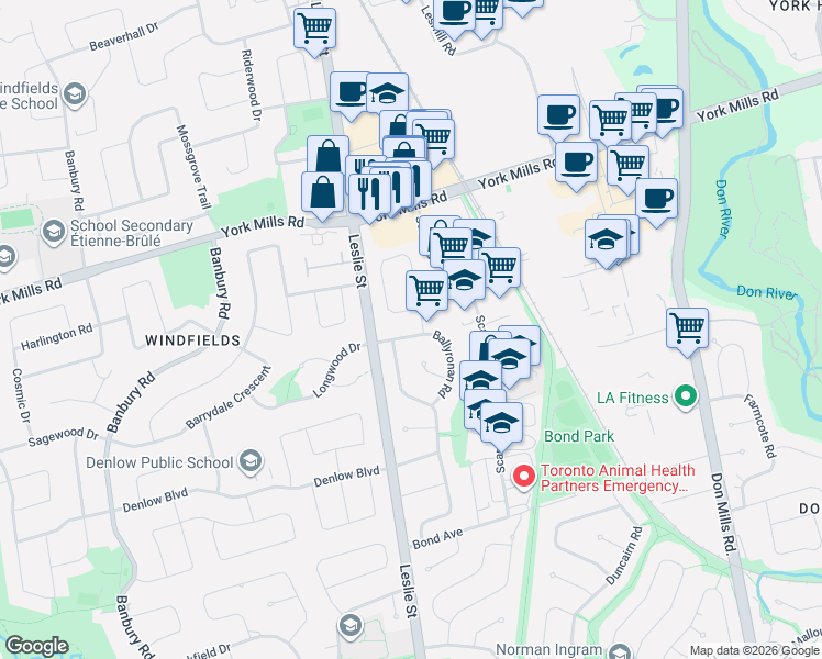 map of restaurants, bars, coffee shops, grocery stores, and more near 16 Ballyronan Road in Toronto