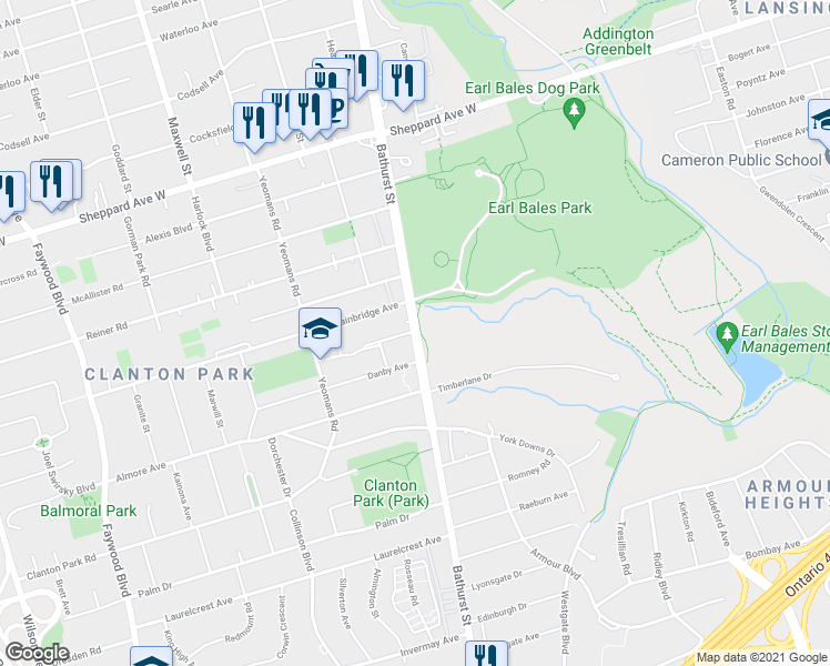 map of restaurants, bars, coffee shops, grocery stores, and more near 4222 Bathurst Street in Toronto