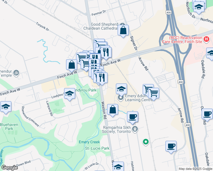 map of restaurants, bars, coffee shops, grocery stores, and more near in Toronto