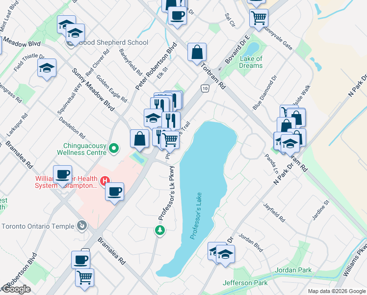 map of restaurants, bars, coffee shops, grocery stores, and more near 22 Peaceful Place in Brampton