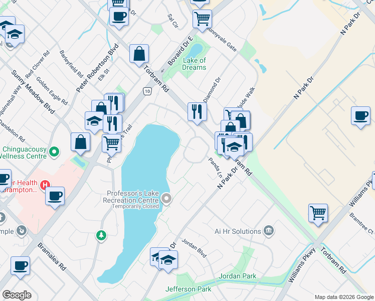map of restaurants, bars, coffee shops, grocery stores, and more near 26 Pretty Place in Brampton