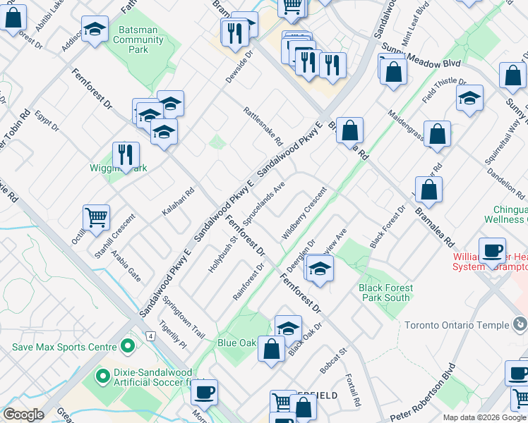 map of restaurants, bars, coffee shops, grocery stores, and more near 74 Buttercup Lane in Brampton