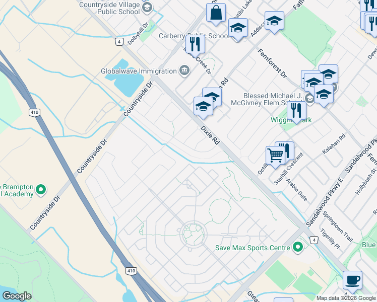 map of restaurants, bars, coffee shops, grocery stores, and more near 46 Naperton Drive in Brampton