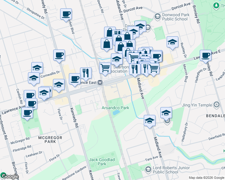map of restaurants, bars, coffee shops, grocery stores, and more near 32 Rosevear Avenue in Toronto