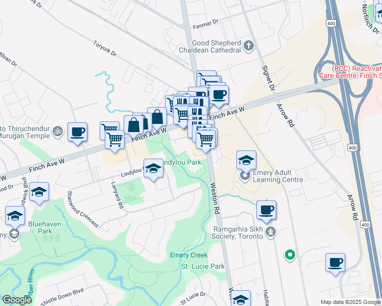 map of restaurants, bars, coffee shops, grocery stores, and more near 3400 Weston Road in Toronto