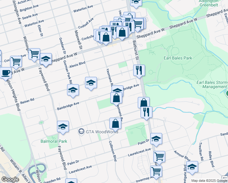 map of restaurants, bars, coffee shops, grocery stores, and more near Yeomans Road in Toronto