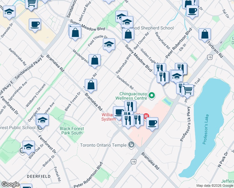 map of restaurants, bars, coffee shops, grocery stores, and more near 28 Cordgrass Crescent in Brampton