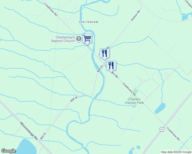 map of restaurants, bars, coffee shops, grocery stores, and more near 1428 Mill Street in Caledon