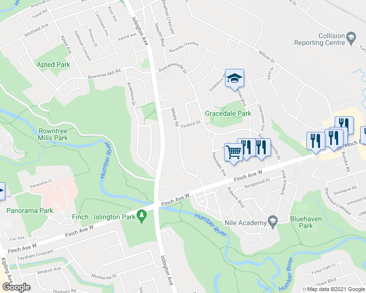 map of restaurants, bars, coffee shops, grocery stores, and more near 81 Milady Road in Toronto