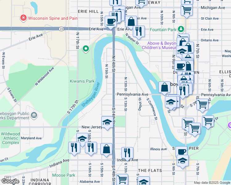map of restaurants, bars, coffee shops, grocery stores, and more near 526 North 14th Street in Sheboygan
