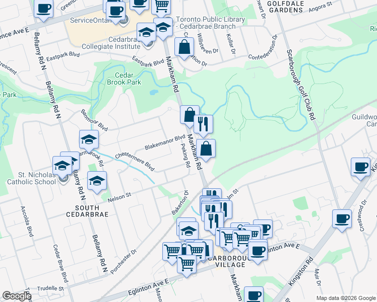 map of restaurants, bars, coffee shops, grocery stores, and more near 33 Peking Road in Toronto