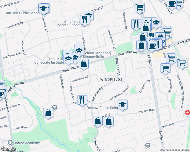 map of restaurants, bars, coffee shops, grocery stores, and more near 15 Ames Gate in Toronto